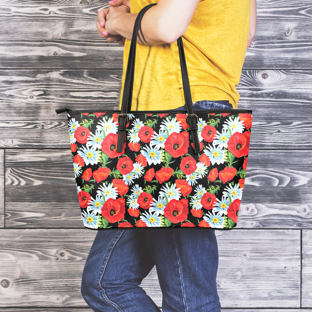 Poppy And Chamomile Pattern Print Leather Tote Bag
