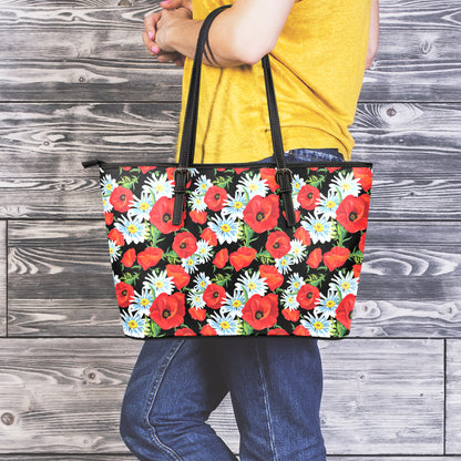 Poppy And Chamomile Pattern Print Leather Tote Bag