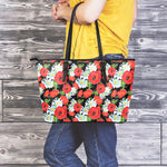 Poppy And Chamomile Pattern Print Leather Tote Bag