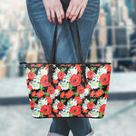 Poppy And Chamomile Pattern Print Leather Tote Bag