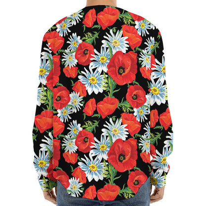 Poppy And Chamomile Pattern Print Long Sleeve Baseball Jersey
