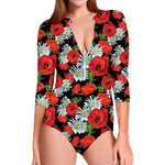 Poppy And Chamomile Pattern Print Long Sleeve Swimsuit