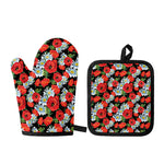 Poppy And Chamomile Pattern Print Oven Mitt And Pot Holder Set