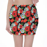 Poppy And Chamomile Pattern Print Pencil Mini Skirt