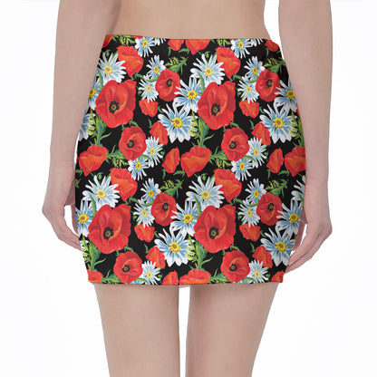Poppy And Chamomile Pattern Print Pencil Mini Skirt