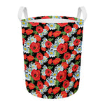 Poppy And Chamomile Pattern Print Round Laundry Basket