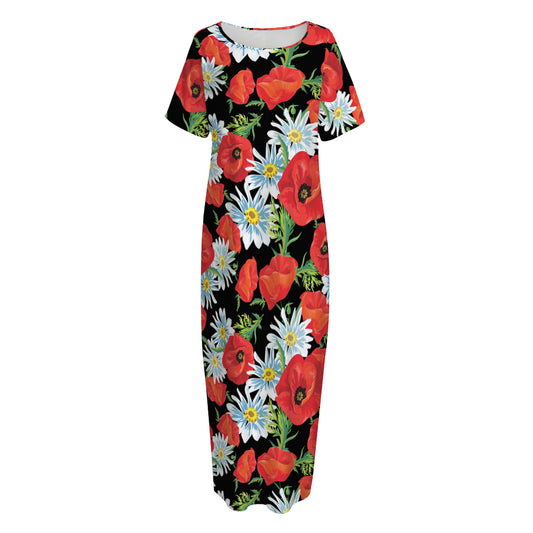 Poppy And Chamomile Pattern Print Short Sleeve Long Nightdress