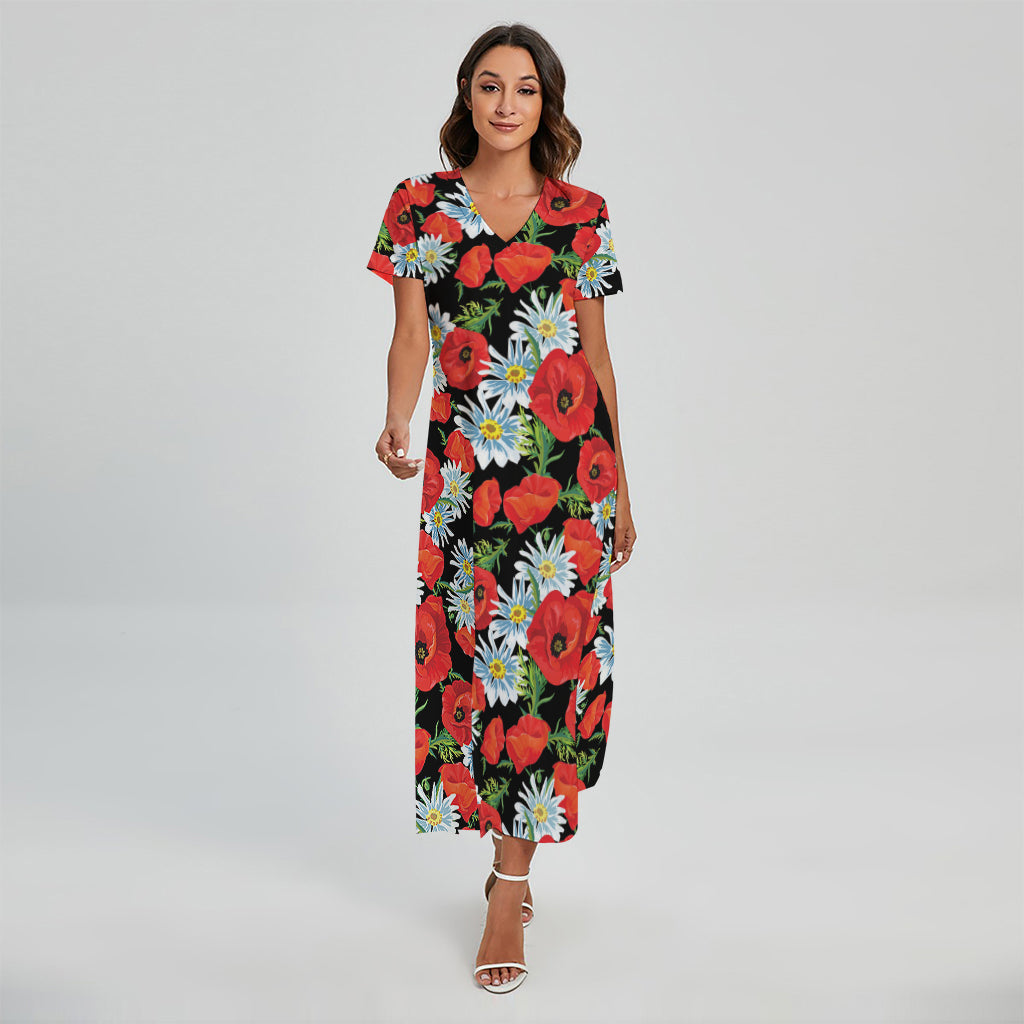 Poppy And Chamomile Pattern Print Short Sleeve Maxi Dress