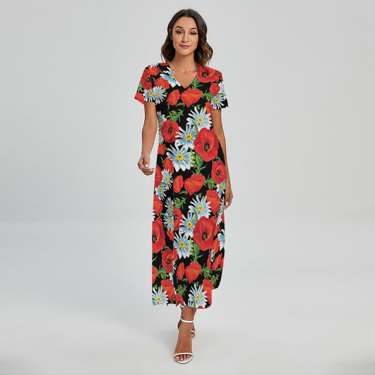 Poppy And Chamomile Pattern Print Short Sleeve Maxi Dress