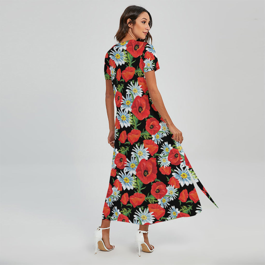 Poppy And Chamomile Pattern Print Short Sleeve Maxi Dress