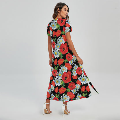 Poppy And Chamomile Pattern Print Short Sleeve Maxi Dress