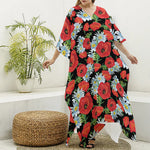 Poppy And Chamomile Pattern Print Silk V-Neck Kaftan Dress