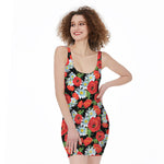 Poppy And Chamomile Pattern Print Sleeveless Bodycon Dress