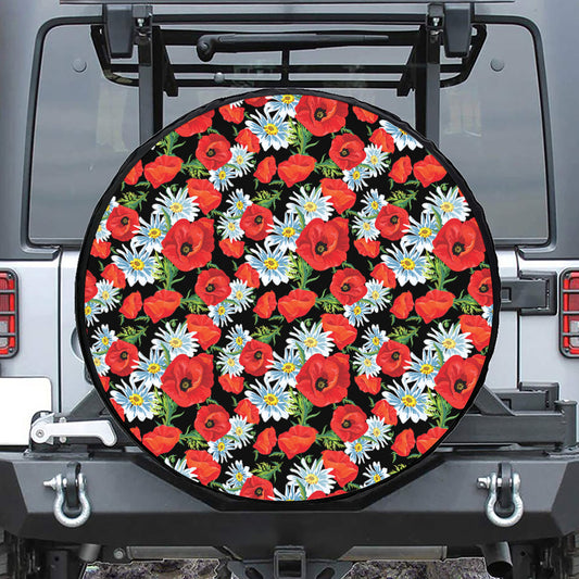 Poppy And Chamomile Pattern Print Tire Cover