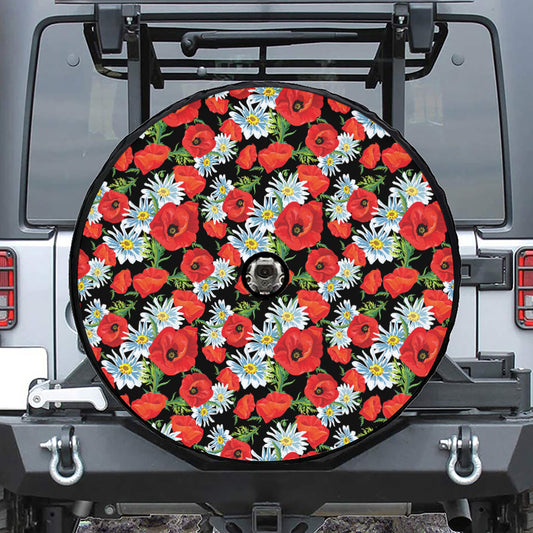Poppy And Chamomile Pattern Print Tire Cover With Camera Hole