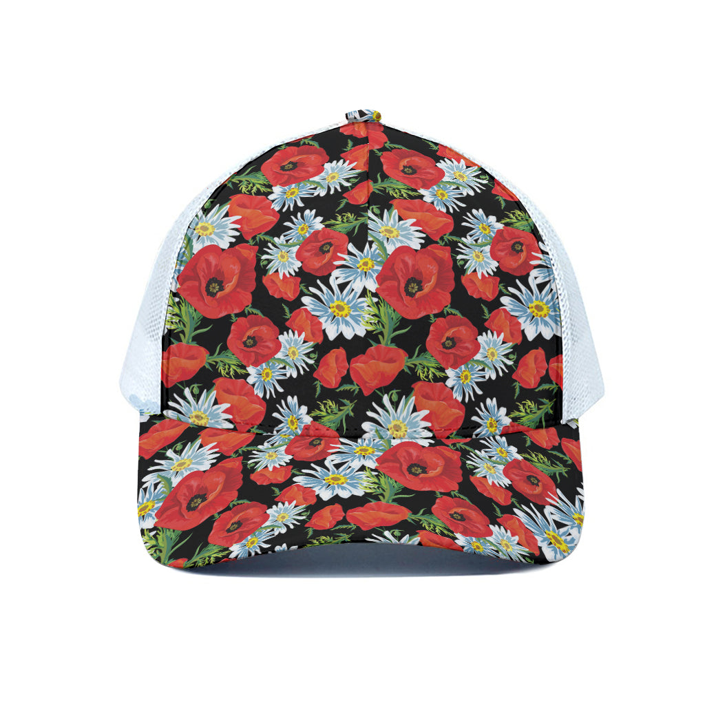 Poppy And Chamomile Pattern Print White Mesh Trucker Cap