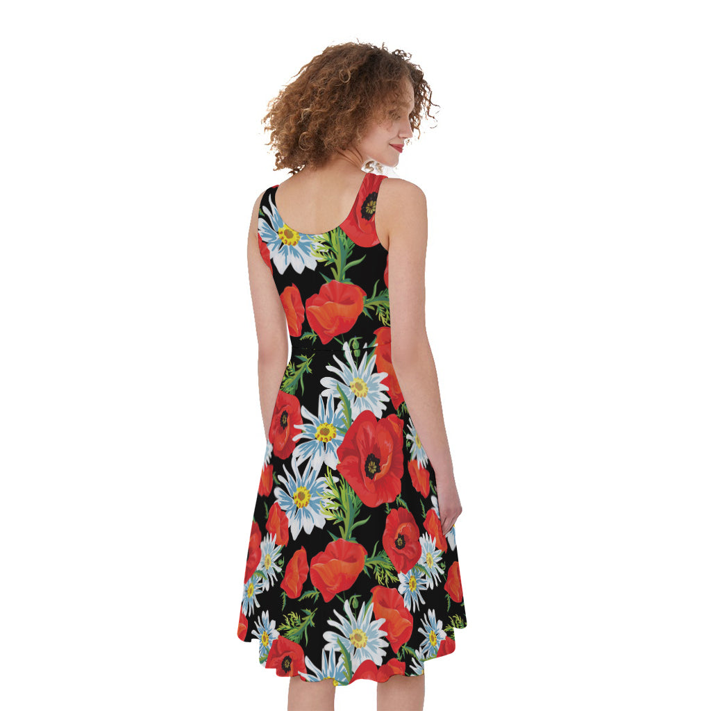 Poppy And Chamomile Pattern Print Women's Sleeveless Dress