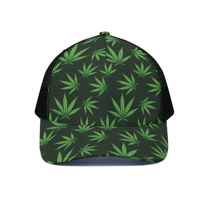 Pot Leaf Pattern Print Black Mesh Trucker Cap