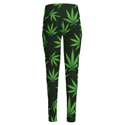 Pot Leaf Pattern Print High-Waisted Pocket Leggings