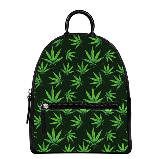 Pot Leaf Pattern Print Leather Backpack