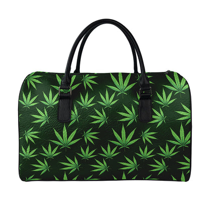 Pot Leaf Pattern Print Leather Duffle Bag