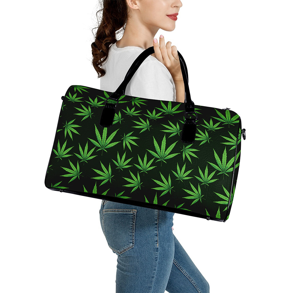 Pot Leaf Pattern Print Leather Duffle Bag