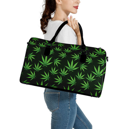 Pot Leaf Pattern Print Leather Duffle Bag
