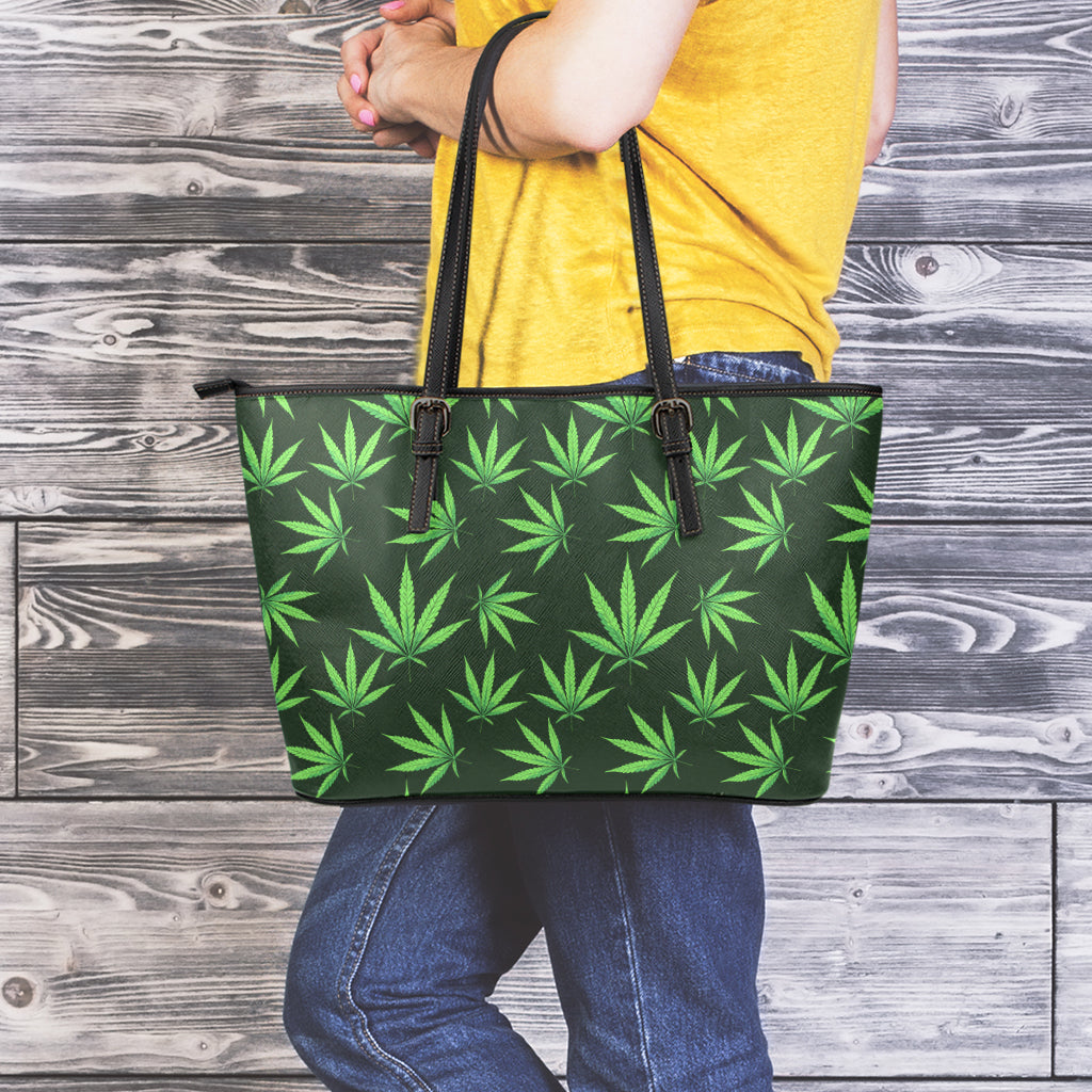Pot Leaf Pattern Print Leather Tote Bag