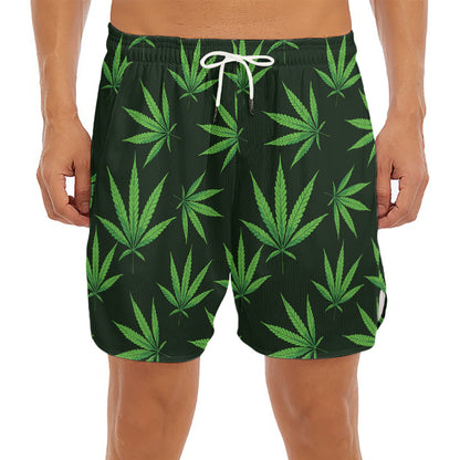 Pot Leaf Pattern Print Men's Split Running Shorts