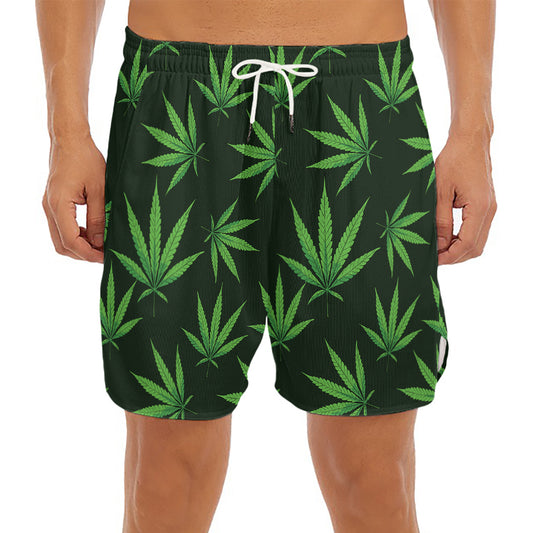 Pot Leaf Pattern Print Men's Split Running Shorts