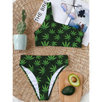 Pot Leaf Pattern Print One Shoulder Bikini Top