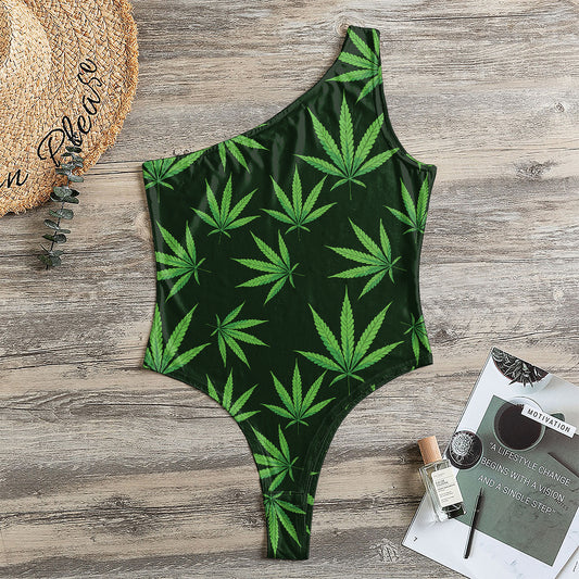 Pot Leaf Pattern Print One Shoulder Bodysuit