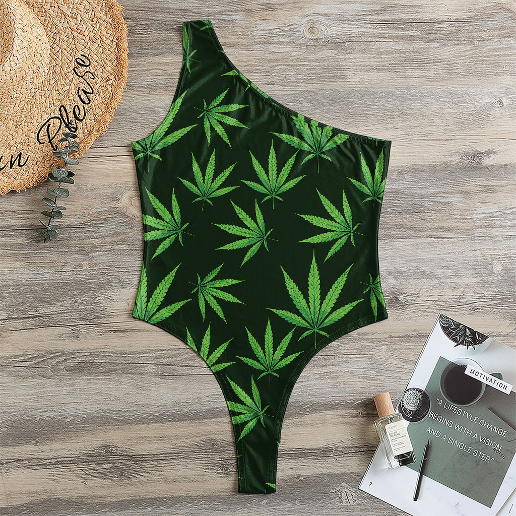 Pot Leaf Pattern Print One Shoulder Bodysuit