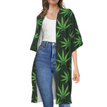 Pot Leaf Pattern Print Open Front Beach Cover Up