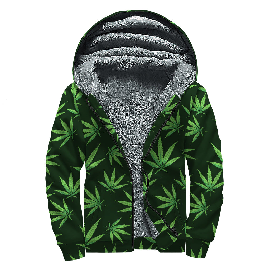 Pot Leaf Pattern Print Sherpa Lined Zip Up Hoodie