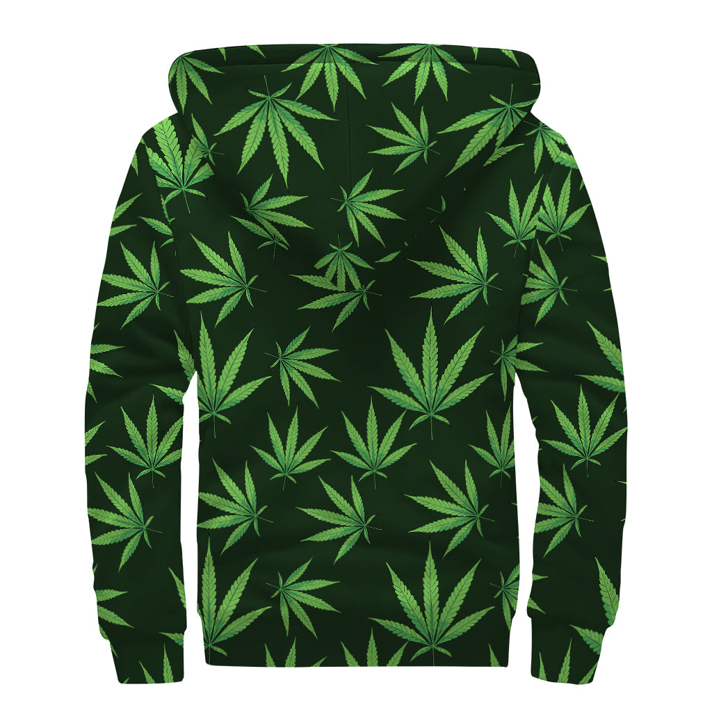Pot Leaf Pattern Print Sherpa Lined Zip Up Hoodie