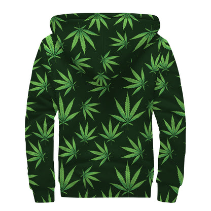Pot Leaf Pattern Print Sherpa Lined Zip Up Hoodie