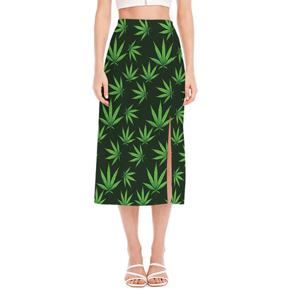 Pot Leaf Pattern Print Side Slit Midi Skirt