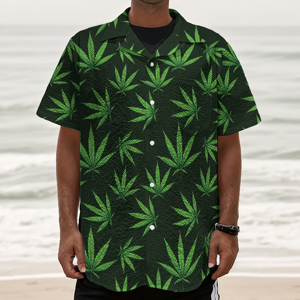 Pot Leaf Pattern Print Textured Short Sleeve Shirt