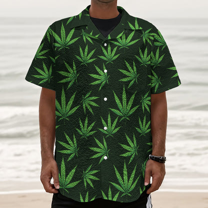 Pot Leaf Pattern Print Textured Short Sleeve Shirt