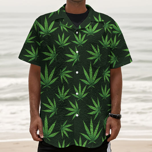 Pot Leaf Pattern Print Textured Short Sleeve Shirt