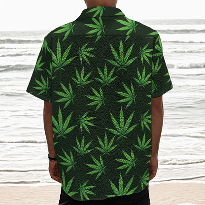 Pot Leaf Pattern Print Textured Short Sleeve Shirt