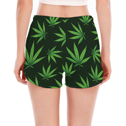 Pot Leaf Pattern Print Women's Split Running Shorts