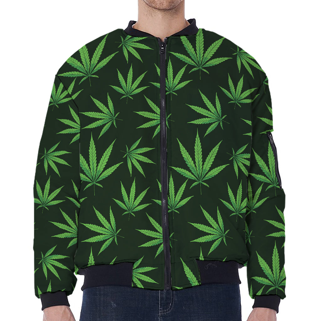 Pot Leaf Pattern Print Zip Sleeve Bomber Jacket