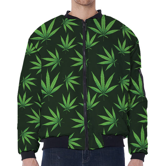 Pot Leaf Pattern Print Zip Sleeve Bomber Jacket