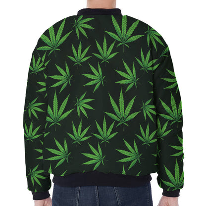 Pot Leaf Pattern Print Zip Sleeve Bomber Jacket