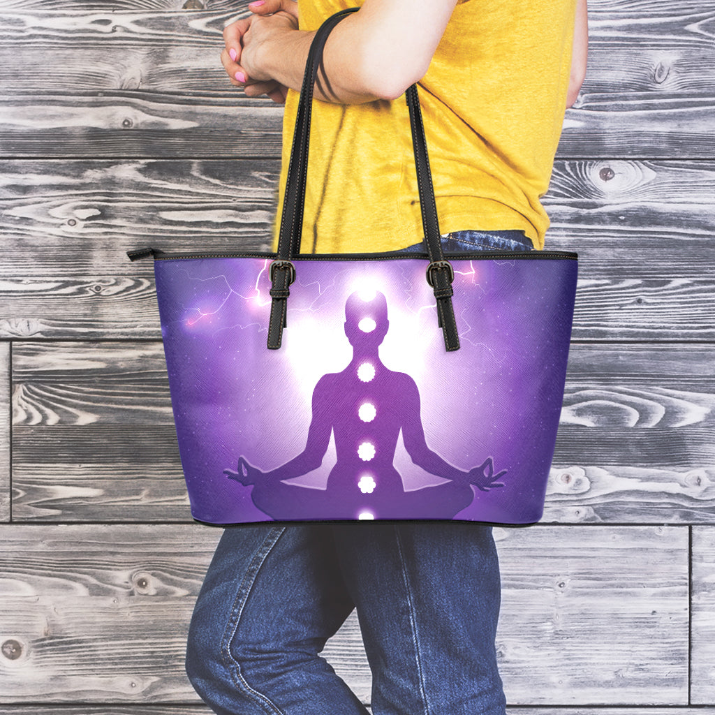 Power Of Seven Chakras Print Leather Tote Bag