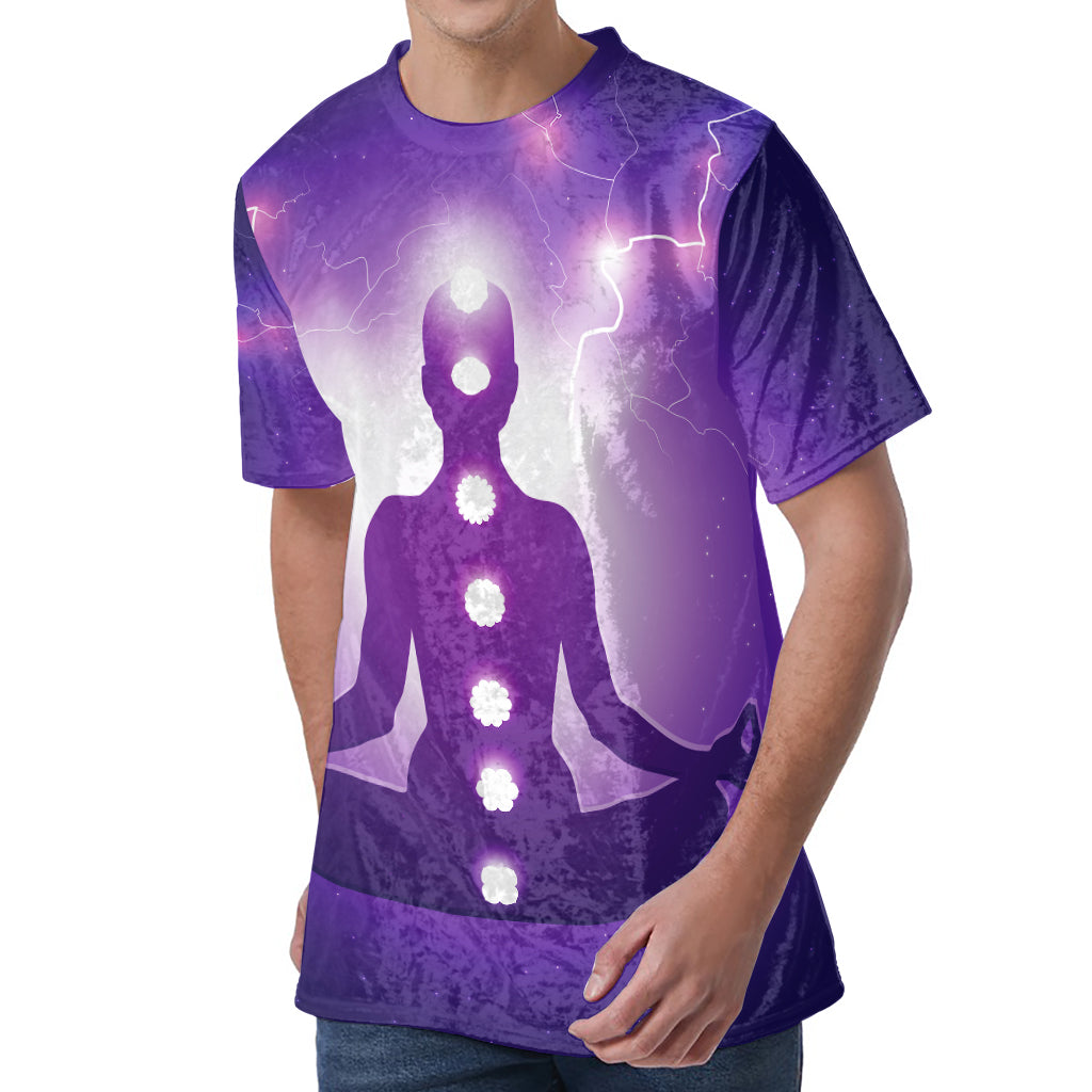 Power Of Seven Chakras Print Men's Velvet T-Shirt