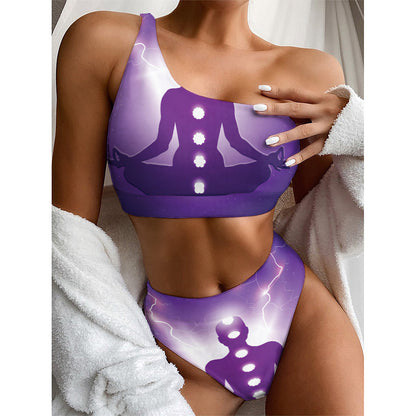 Power Of Seven Chakras Print One Shoulder Bikini Top