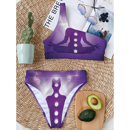 Power Of Seven Chakras Print One Shoulder Bikini Top